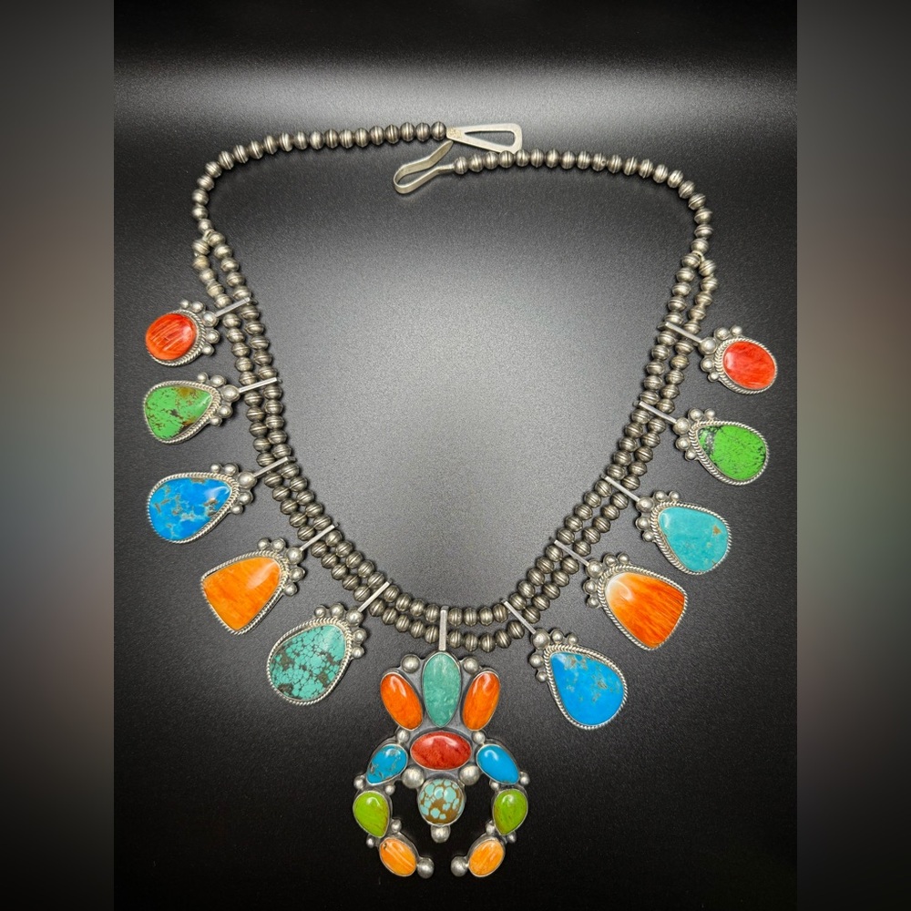 Amazing huge handmade David Lister Native multistone squash blossom necklace!